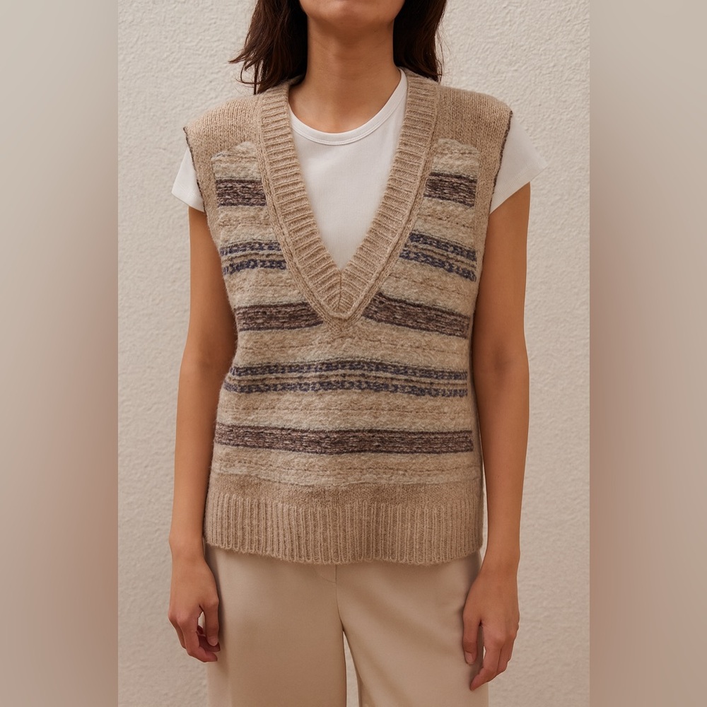 Tory Burch Taupe Striped V-neck Sweater Vest